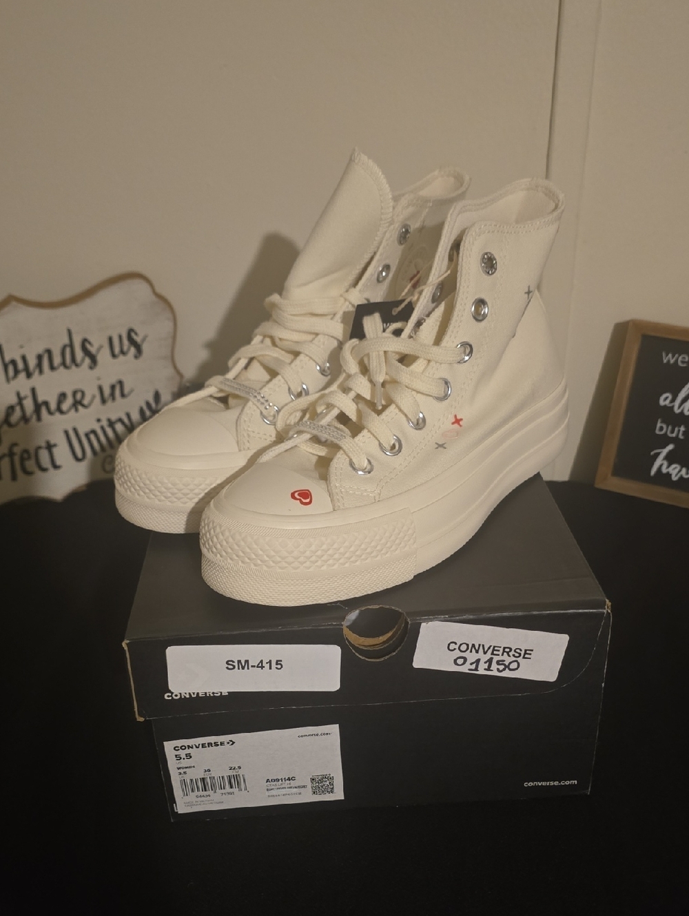Converse High Top Platform Sneakers - Cream with Red Heart Accent
